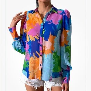 SHEIN Colorful Floral Button Up Blouse 3XL